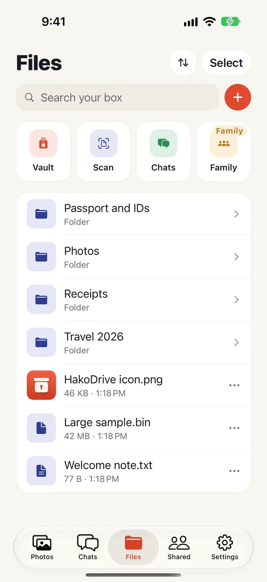 HakoDrive Files: Vault, Scan, Chats and Family at the top, then your folders